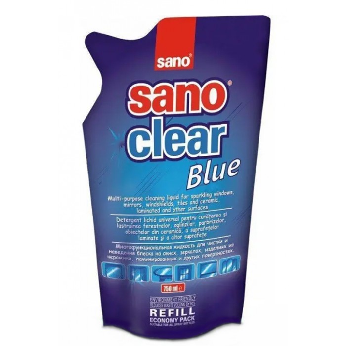 Средство для мытья стекла Sano Clear Blue (запаска), 750 мл - 